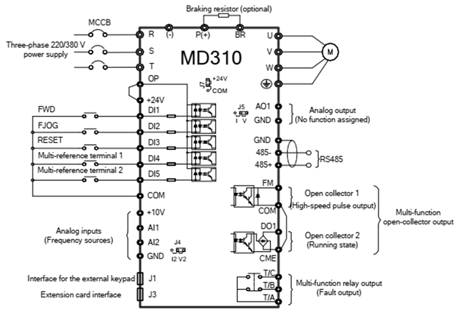 Sơ đồ kết nối mạch lực và tín hiệu điều khiển biến tần MD310T